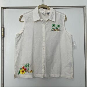 Vintage cotton collar white tank top button up tropical palm tree Hawaiian shirt